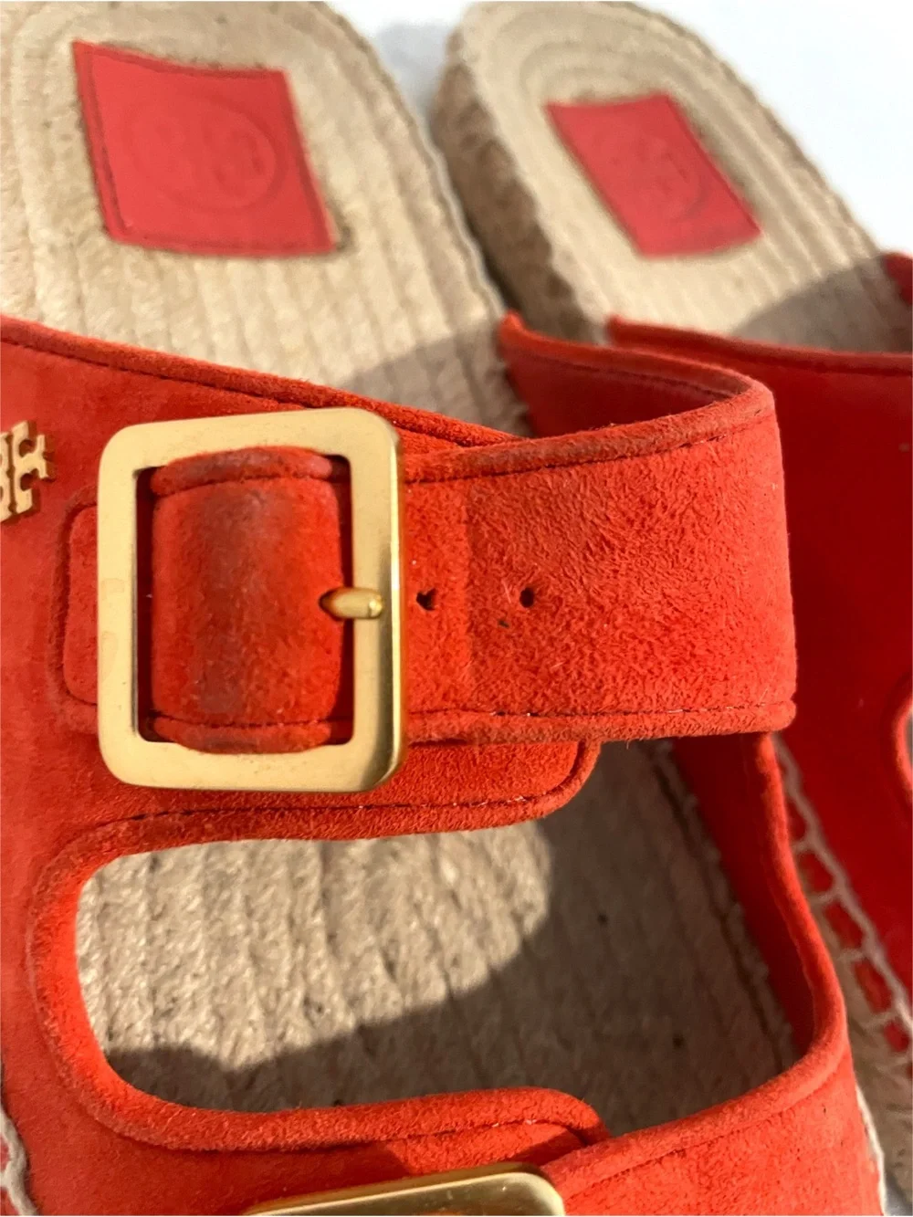 Tory Burch Orange Suede Espadrille Slide Sandals Buckle Logo Women’s US 7.5